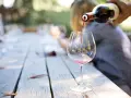 Czerwone wino nalewane do kieliszka na drewnianym stole. Idealny moment, by dowiedzieć się, jak degustować wino.