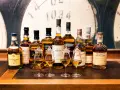 Wybór między single malt czy blended: rząd butelek szkockiej whisky, cztery kieliszki z bursztynowym płynem.