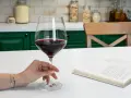 Dłoń elegancko trzyma kieliszek z czerwonym winem, pokazując, jak trzymać kieliszek do wina. Obok leży otwarta książka.