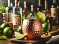 Miedziany kubek z Moscow Mule, lodem, limonką i miętą, na tle butelek i limonek.