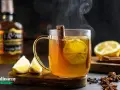 Gorąca herbata z whisky, cytryną i cynamonem, parująca w szklance. Obok leżą cytryny i przyprawy.