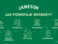 Schemat pokazuje, jak powstaje whisky: od słodowania, przez fermentację, destylację, dojrzewanie w beczkach, blendowanie, aż po butelkowanie.