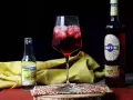 Orzeźwiający martini tonic drink z lodem, obok butelka toniku i Martini Vibrante.