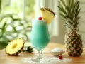 Orzeźwiający drink Malibu z sokiem ananasowym, ozdobiony plasterkiem ananasa i wisienką. Obok całe ananasy i miseczka cukru pudru.