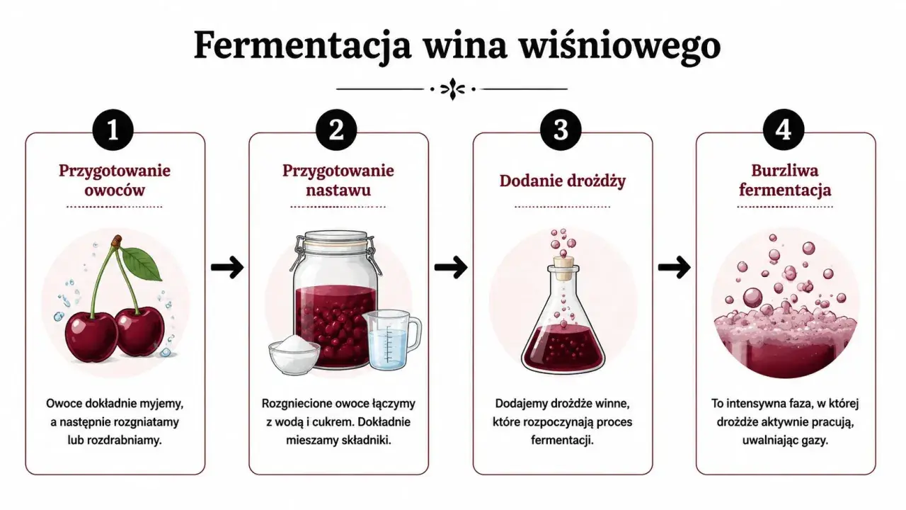Jak zrobić wino wiśniowe: mycie i rozgniatanie owoców, dodanie wody i cukru, dodanie drożdży, burzliwa fermentacja.