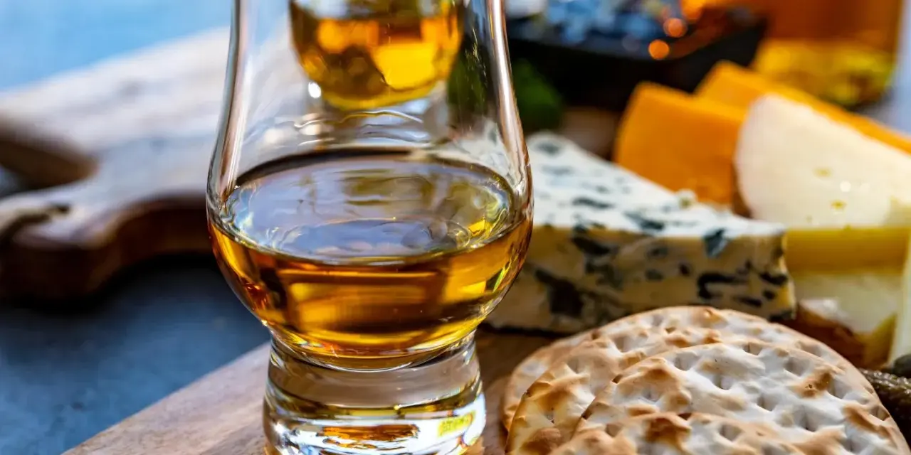 Szklanka whisky i sery na desce. Idealne na degustacje whisky online.