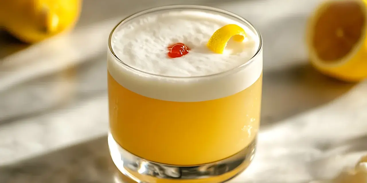 Amaretto sour przepis: puszysty koktajl z pianką, wisienką i skórką cytrynową. Idealny na letnie wieczory.