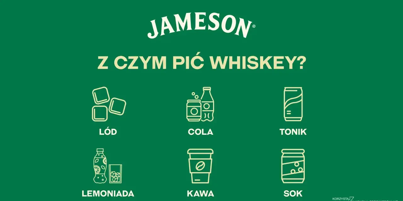 Jameson z czym pić? Lód, cola, tonik, lemoniada, kawa, sok – wybierz swój ulubiony dodatek do irlandzkiej whiskey.
