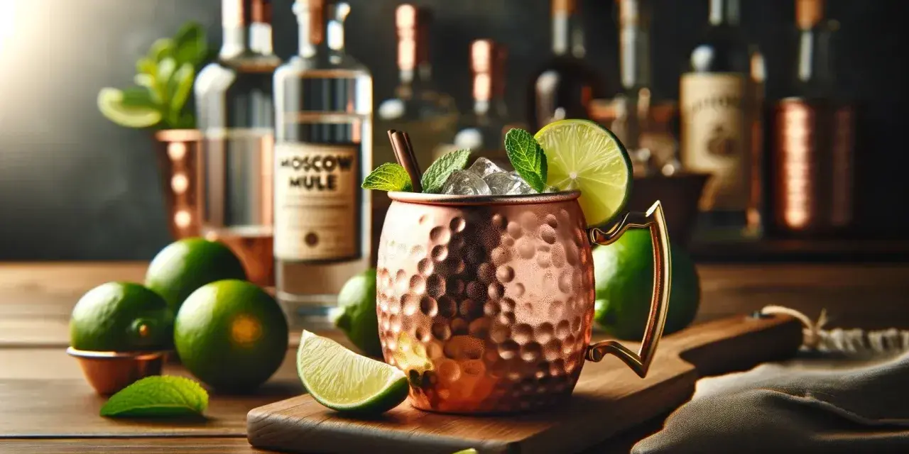 Miedziany kubek z Moscow Mule, lodem, limonką i miętą, na tle butelek i limonek.