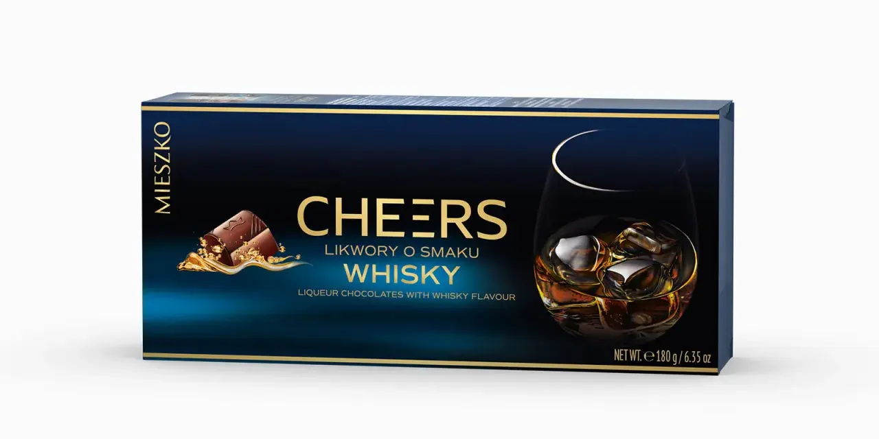 Pudełko czekoladek "Cheers" o smaku whisky. Choć whisky ma niski indeks glikemiczny, te słodkości to już inna historia.