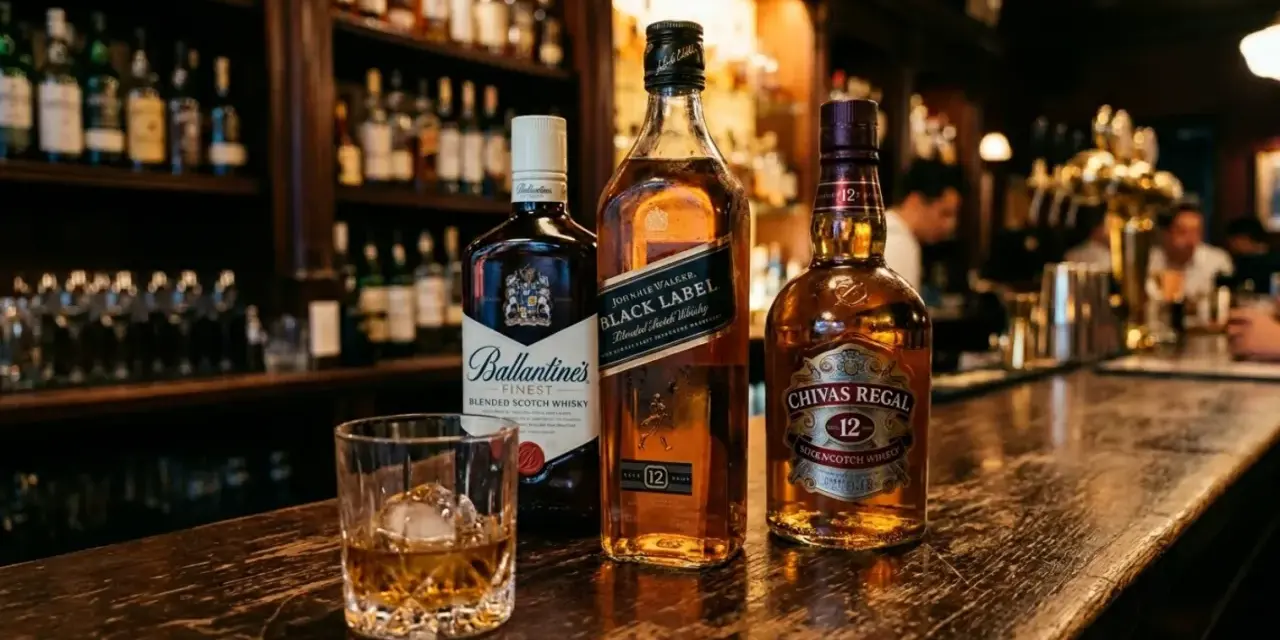 Trzy butelki blended whisky: Ballantine's, Johnnie Walker Black Label i Chivas Regal 12, stoją na barze obok szklanki z whisky i lodem.