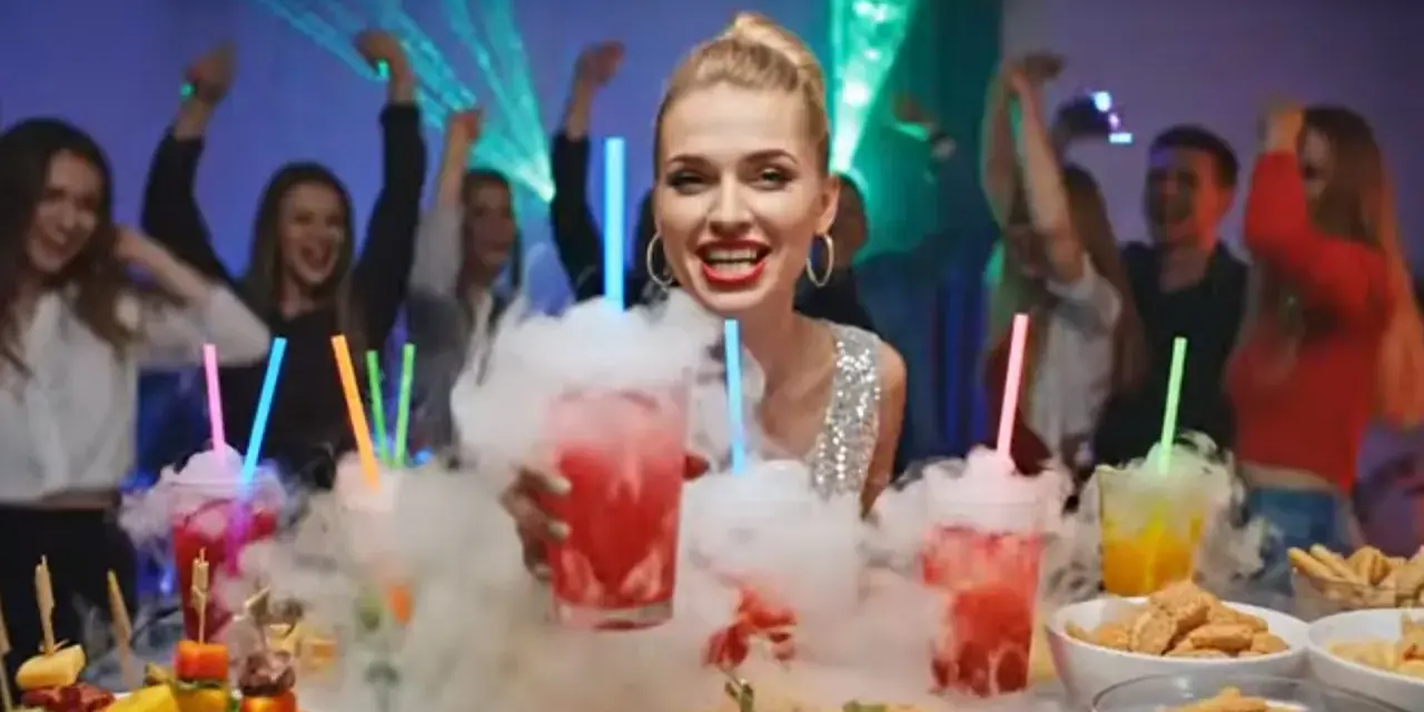 Impreza z drinkami i dymem. Czy suchy lód jest jadalny? Nie, ale wygląda efektownie w napojach!