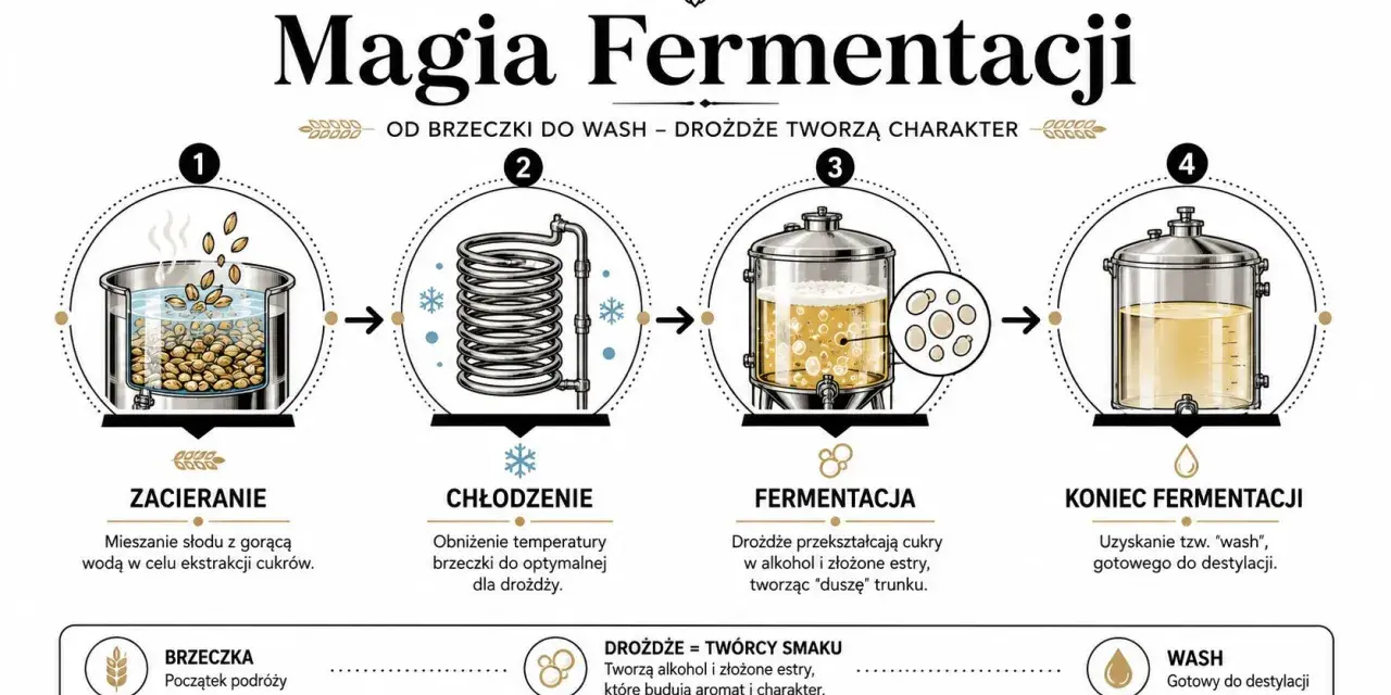 Ilustracja pokazuje, jak powstaje alkohol: od zacierania słodu, przez chłodzenie, fermentację z udziałem drożdży, aż do uzyskania gotowego "wash".