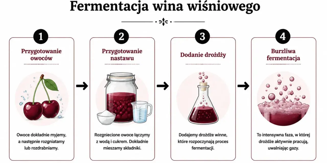 Jak zrobić wino wiśniowe: mycie i rozgniatanie owoców, dodanie wody i cukru, dodanie drożdży, burzliwa fermentacja.