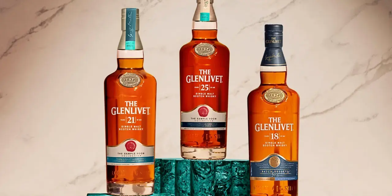 Trzy butelki The Glenlivet: 21, 25 i 18 lat. Każda butelka to mały anioł, który zabiera część whisky, tworząc "whisky angel share".