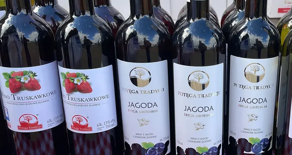 Butelki z winem truskawkowym i jagodowym. Tanie wino owocowe, idealne na letnie wieczory.