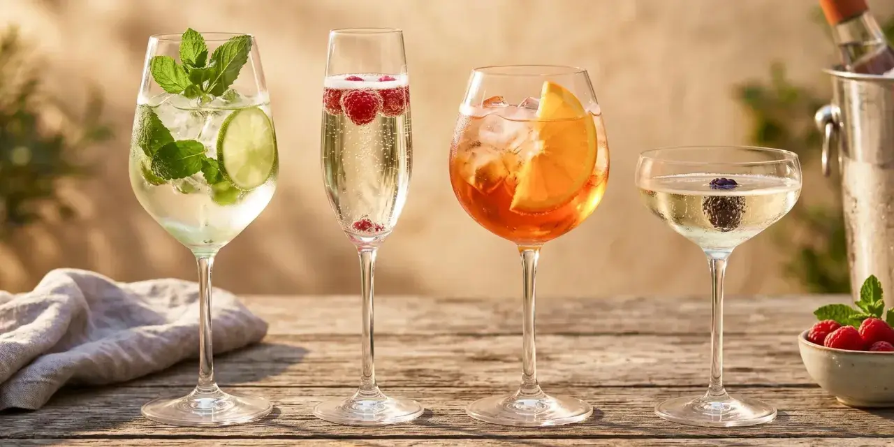 Cztery drinki na drewnianym stole: mojito, prosecco z malinami, Aperol Spritz i kieliszek prosecco z jeżyną. Idealne inspiracje, jak pić prosecco i inne orzeźwiające napoje.