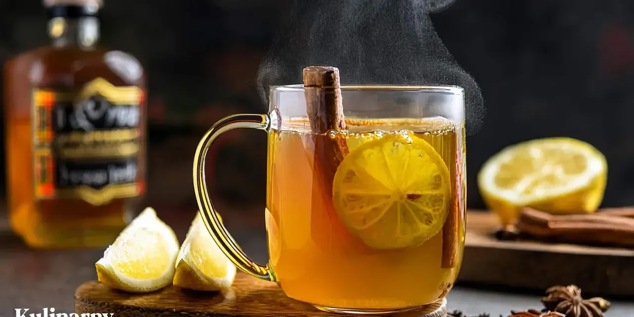 Gorąca herbata z whisky, cytryną i cynamonem, parująca w szklance. Obok leżą cytryny i przyprawy.