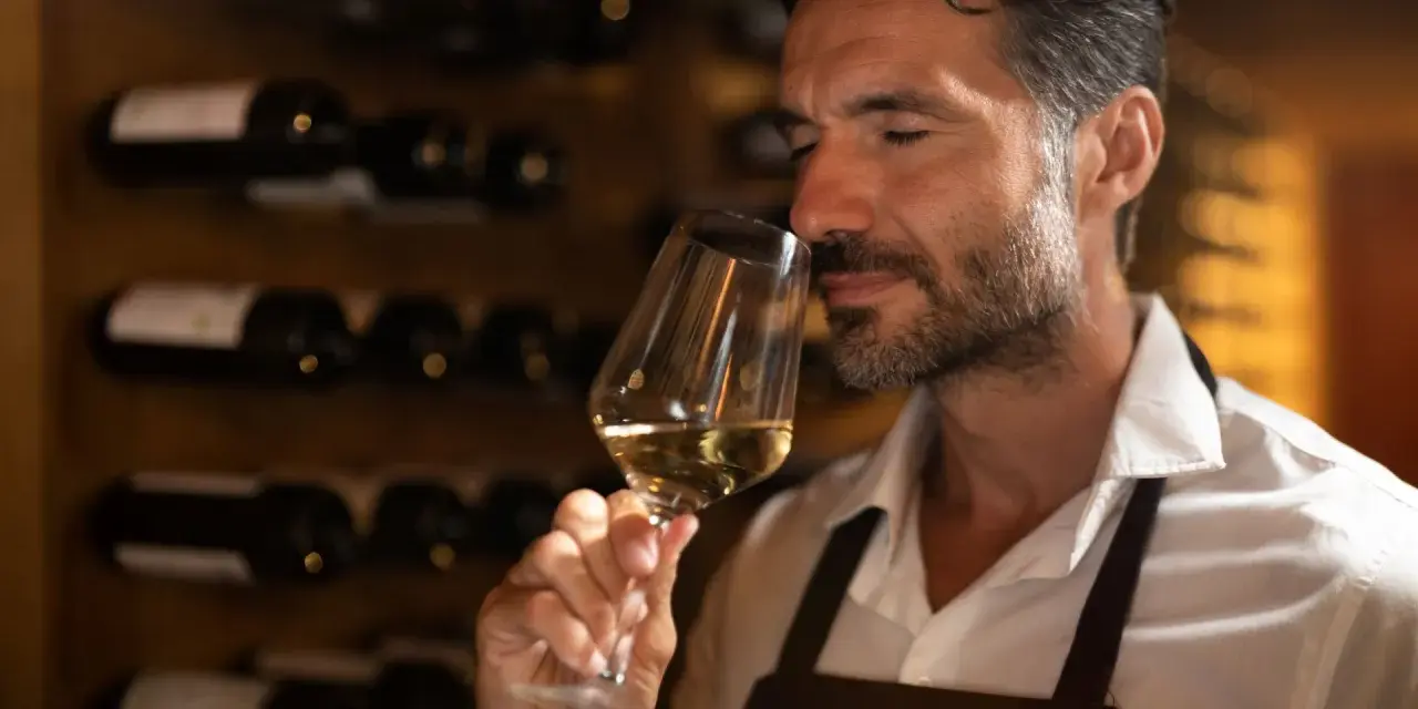 Mężczyzna wącha białe wino w kieliszku, zastanawiając się, w jakiej temperaturze robić wino. W tle stoją butelki w piwniczce.