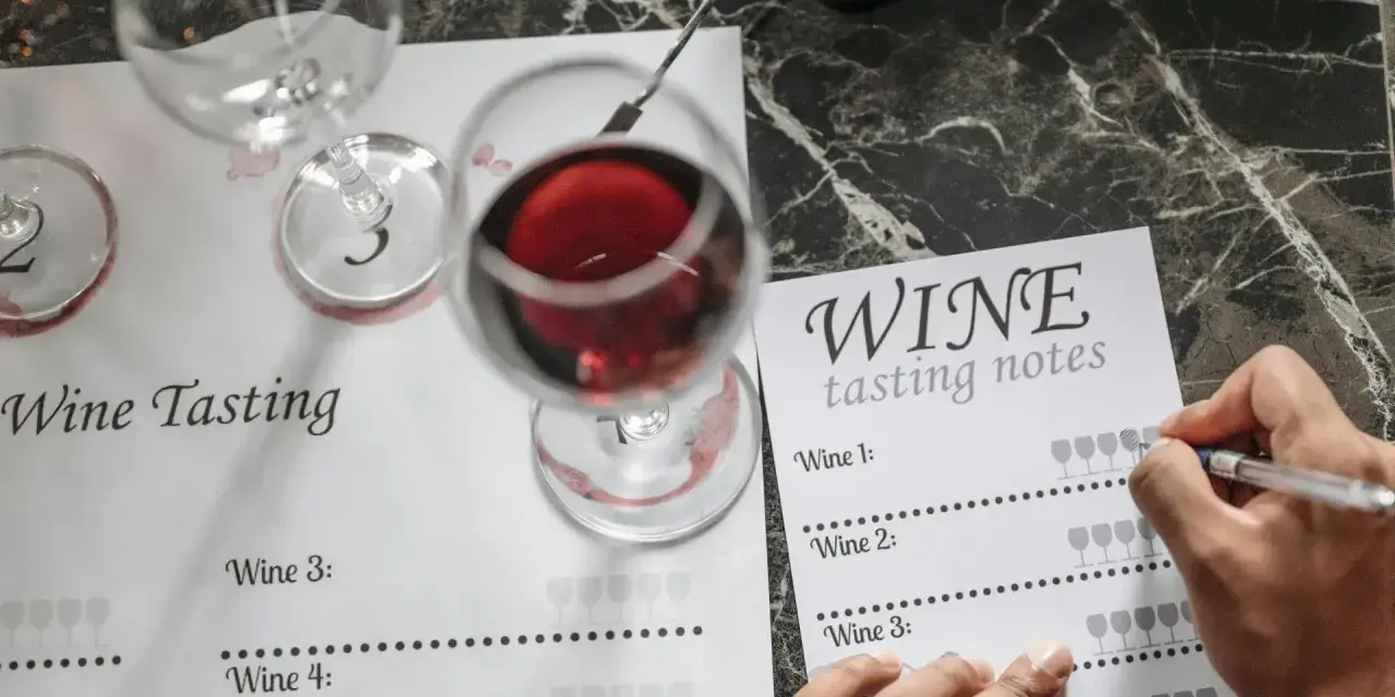 Degustacja wina, gdzie notuje się wrażenia. "Serve chilled wino co to znaczy?" - to pytanie o temperaturę podania.
