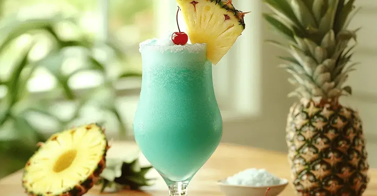 Orzeźwiający drink Malibu z sokiem ananasowym, ozdobiony plasterkiem ananasa i wisienką. Obok całe ananasy i miseczka cukru pudru.