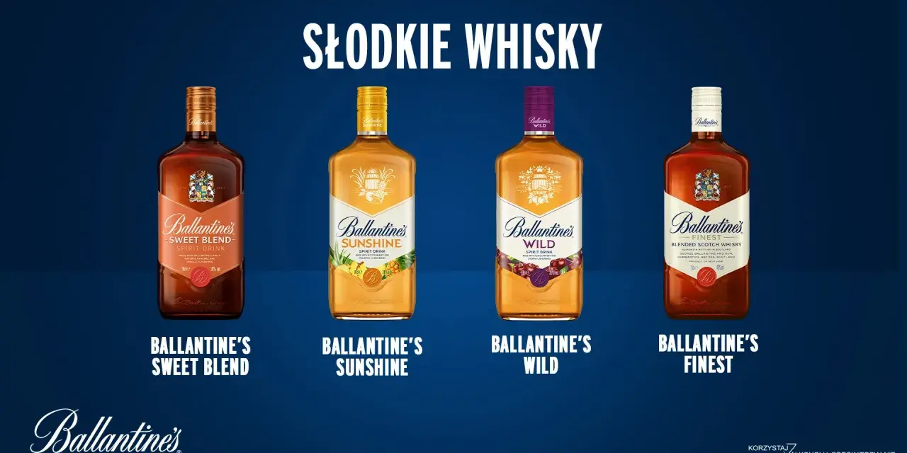 Czy Ballantines to dobra whisky? Cztery butelki słodkich whisky Ballantine's: Sweet Blend, Sunshine, Wild i Finest.