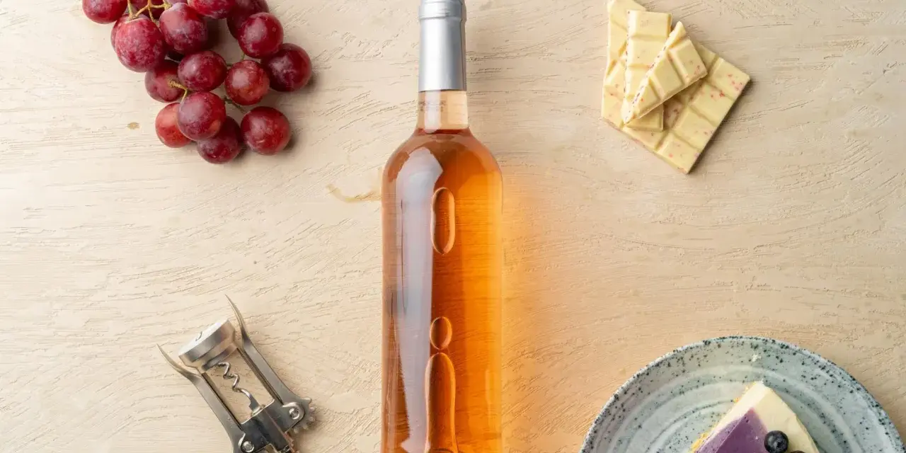 Różowe wino z winogron deserowych, biała czekolada z malinami i kawałek sernika z jagodami.