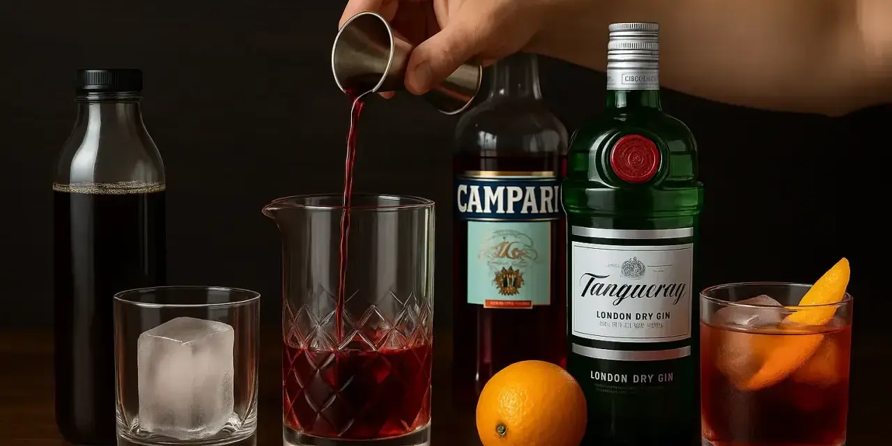 Jaki wermut do negroni? Na zdjęciu widać składniki: gin, Campari, pomarańczę i butelkę z ciemnym płynem.