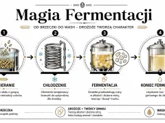 Ilustracja pokazuje, jak powstaje alkohol: od zacierania słodu, przez chłodzenie, fermentację z udziałem drożdży, aż do uzyskania gotowego "wash".