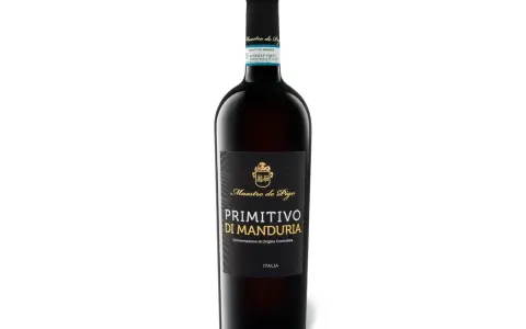 Butelka czerwonego, wytrawnego wina Primitivo di Manduria Maestro de Pigo. Idealne do kolacji.