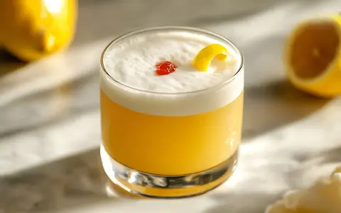 Amaretto sour przepis: puszysty koktajl z pianką, wisienką i skórką cytrynową. Idealny na letnie wieczory.