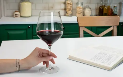 Dłoń elegancko trzyma kieliszek z czerwonym winem, pokazując, jak trzymać kieliszek do wina. Obok leży otwarta książka.