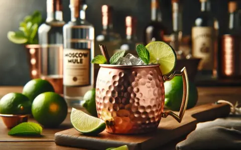 Miedziany kubek z Moscow Mule, lodem, limonką i miętą, na tle butelek i limonek.