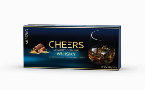 Pudełko czekoladek "Cheers" o smaku whisky. Choć whisky ma niski indeks glikemiczny, te słodkości to już inna historia.
