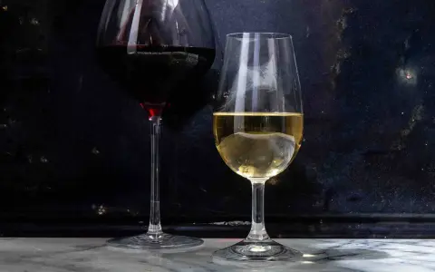Dwa kieliszki z winem: czerwonym i białym. Białe wino, w tym wino extra dry, lśni w świetle.