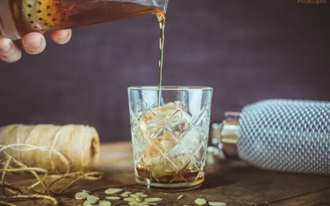 Nalewanie drinka z amaretto i wódką do szklanki z lodem. Na stole płatki migdałów i sznurek.