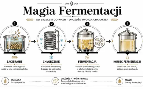 Ilustracja pokazuje, jak powstaje alkohol: od zacierania słodu, przez chłodzenie, fermentację z udziałem drożdży, aż do uzyskania gotowego "wash".