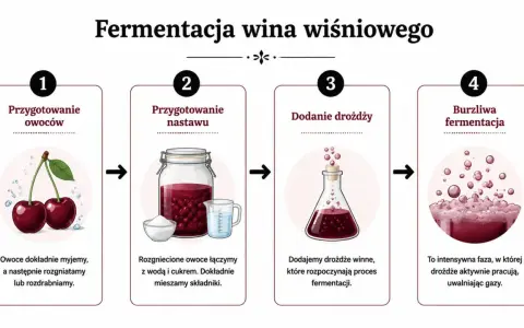 Jak zrobić wino wiśniowe: mycie i rozgniatanie owoców, dodanie wody i cukru, dodanie drożdży, burzliwa fermentacja.