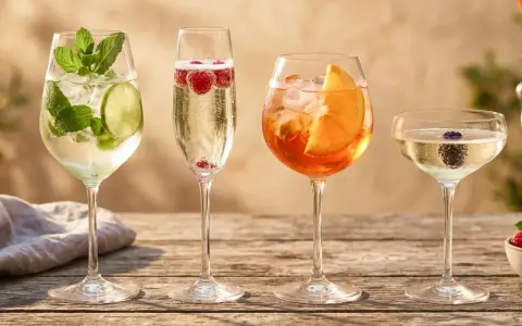 Cztery drinki na drewnianym stole: mojito, prosecco z malinami, Aperol Spritz i kieliszek prosecco z jeżyną. Idealne inspiracje, jak pić prosecco i inne orzeźwiające napoje.