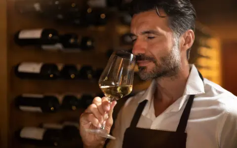 Mężczyzna wącha białe wino w kieliszku, zastanawiając się, w jakiej temperaturze robić wino. W tle stoją butelki w piwniczce.