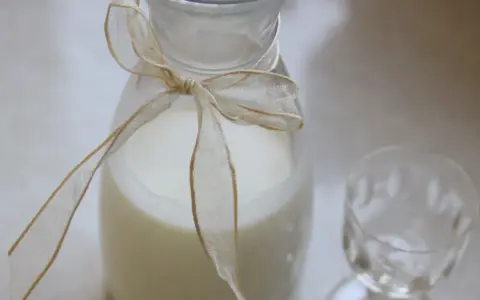 Biały płyn w karafce ozdobionej wstążką, obok pusty kieliszek. Idealne do przygotowania drinków, np. jak zrobic Malibu.