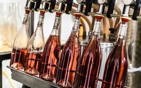 Rzędy butelek z różowym winem czekają na cichą fermentację wina.