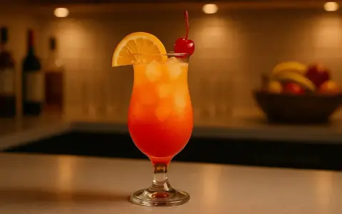 Kolorowy drink Sex on the Beach z Malibu, ozdobiony pomarańczą i wiśnią. Idealny przepis na letnie orzeźwienie.