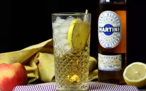 Orzeźwiający drink z Martini i lodem, ozdobiony plasterkiem cytryny. Obok jabłko i butelka Martini.