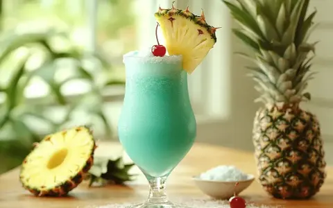 Orzeźwiający drink Malibu z sokiem ananasowym, ozdobiony plasterkiem ananasa i wisienką. Obok całe ananasy i miseczka cukru pudru.