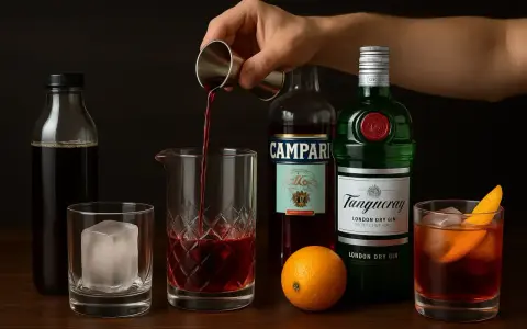 Jaki wermut do negroni? Na zdjęciu widać składniki: gin, Campari, pomarańczę i butelkę z ciemnym płynem.