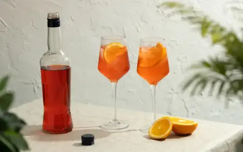 Dwa orzeźwiające drinki Aperol z plastrami pomarańczy i butelka Aperolu. Idealne na letnie popołudnie.