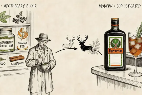 Ilustracja przedstawia ewolucję przepisu na Jägermeister: od aptekarza z ziołami i skórką pomarańczy do nowoczesnego, wyrafinowanego likieru.