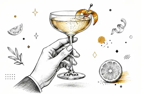Dłoń trzyma kieliszek z drinkiem, ozdobiony skórką pomarańczy. Obok plaster pomarańczy i gałązka. Czy to drink z triple sec?