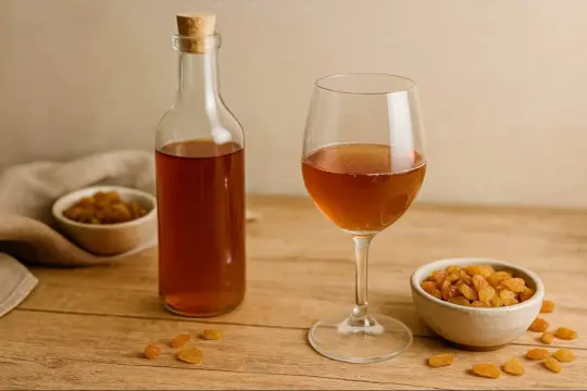 Wino ryżowe przepis: butelka i kieliszek bursztynowego napoju, miseczka rodzynek i kilka rozsypanych na stole.